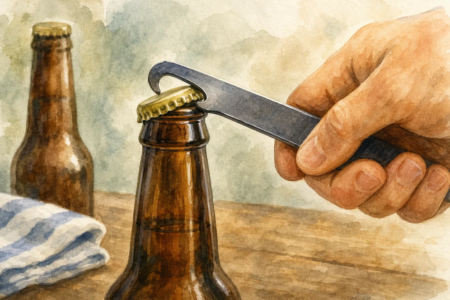 Hand using metal bottle opener to remove cap from brown glass bottle on wooden surface