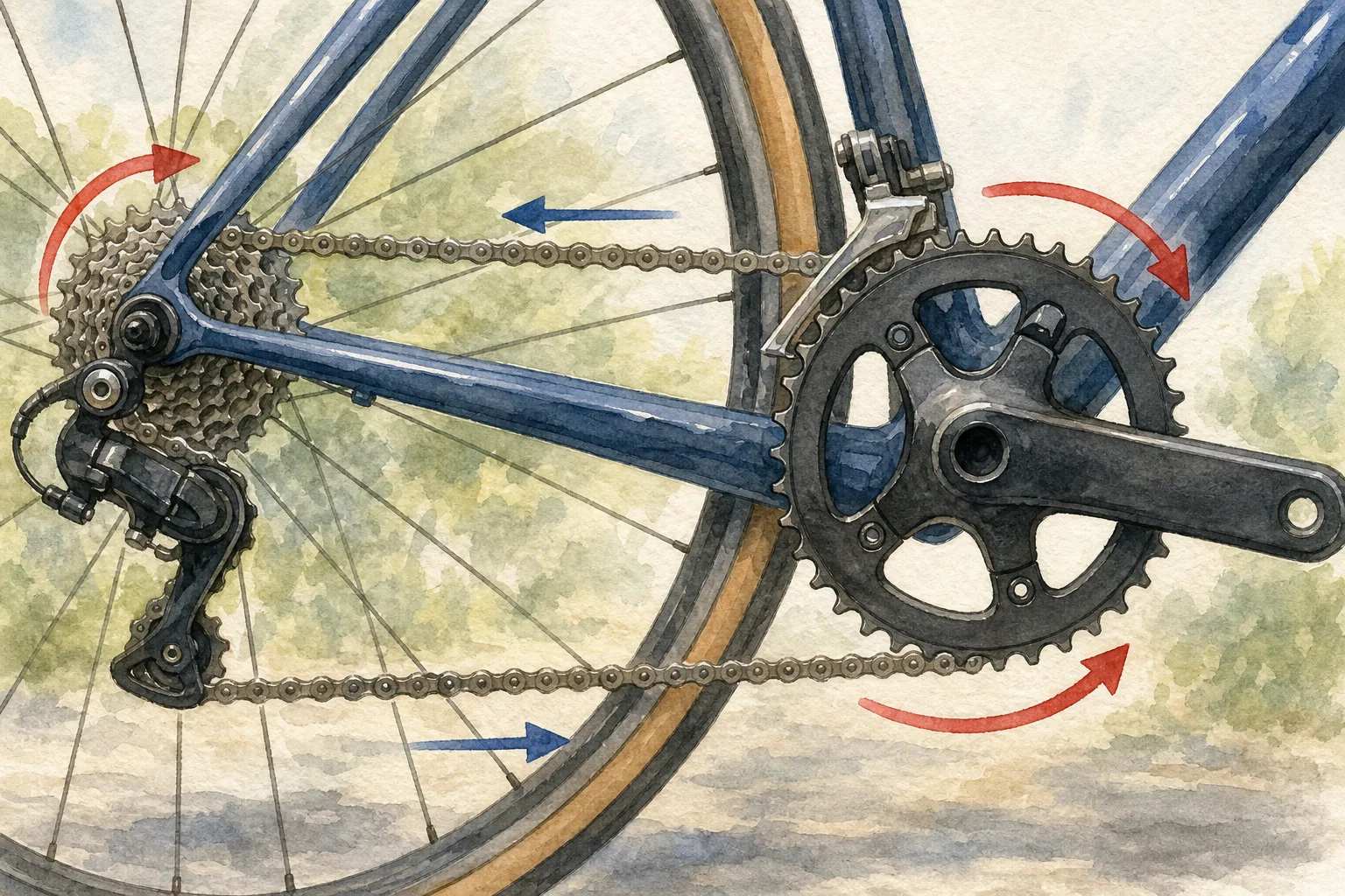 Close-up of a bicycle's blue frame, chain, gear system, and rear wheel with directional arrows