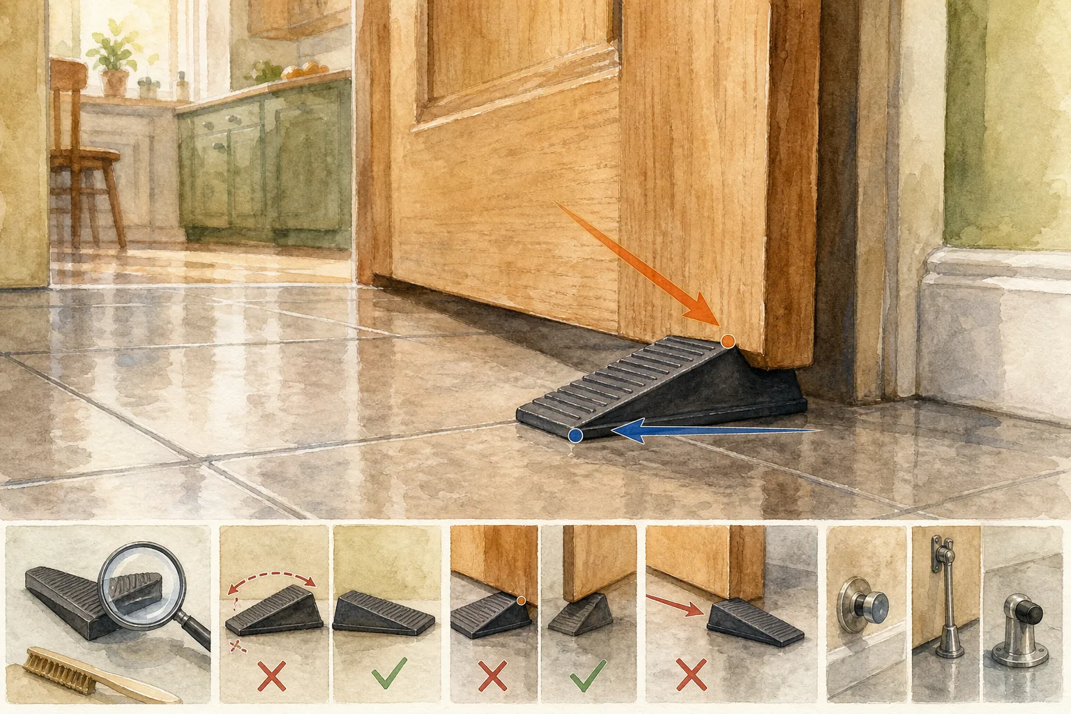 Wooden door held open by a black wedge-shaped doorstop on a tiled floor in a sunlit kitchen doorway