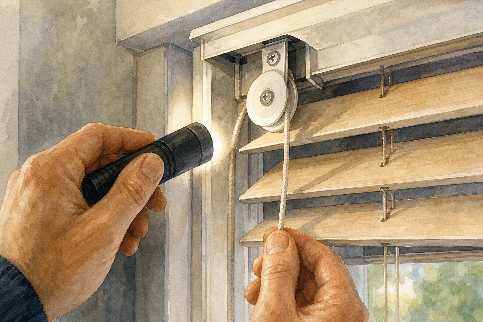 Hands holding a flashlight and cord near a pulley wheel attached to a wooden window blind