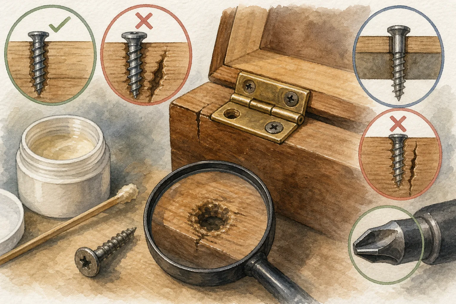Wooden box with a hinge, screw, magnifying glass, and small container with brush, showing proper and improper screw insertion