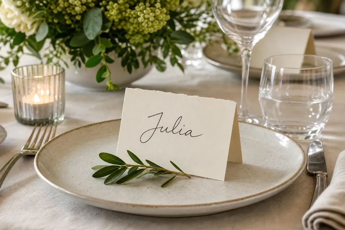 Table setting with a place card on a plate, a sprig of greenery, wine and water glasses, and a lit candle