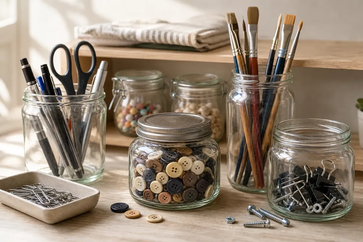 Glass jars on wooden surface holding buttons, paintbrushes, pens, scissors, and office supplies