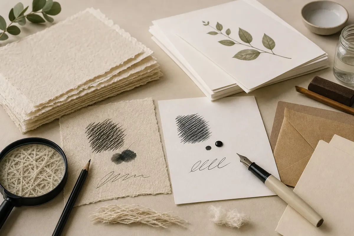 Various types of textured and smooth paper sheets with ink and pencil marks surrounded by writing tools and plant materials