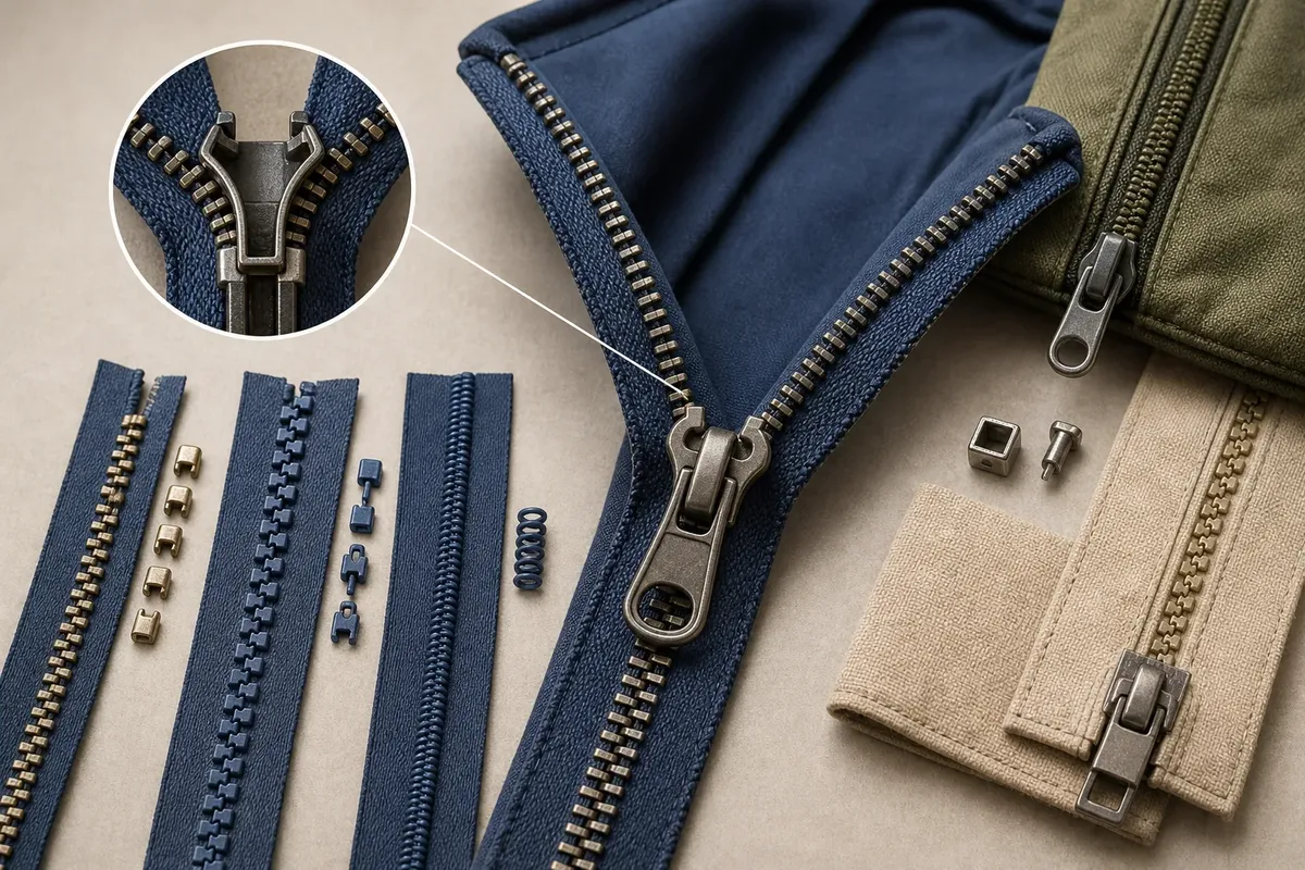 Various blue and beige zippers and zipper parts displayed on a beige surface with a close-up detail of a metal zipper slider